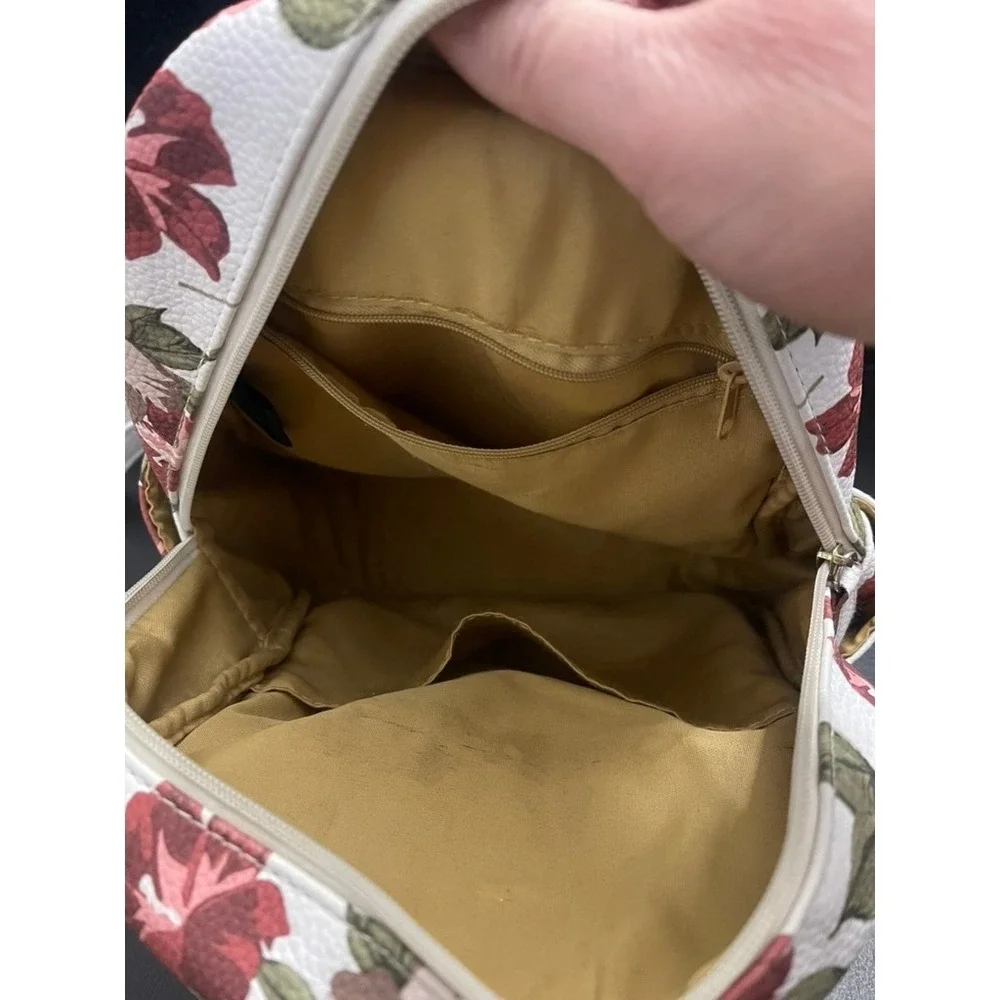 Stone & Co Floral Mini Backpack White Red Rose Pebbled Faux Leather Organizer